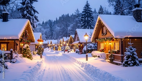 A snow-covered village street with decorated houses under a twilight sky