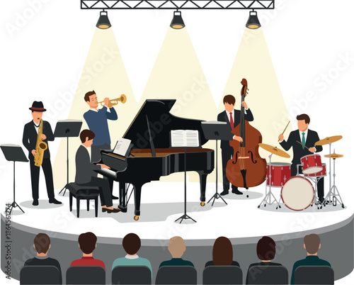 A Vibrant Jazz Band Performing on Stage with Audience