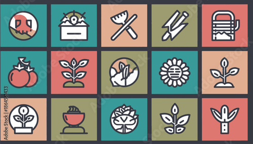 Gardening Icons Set with Tools and Plants - Clean Colorful Vector Design