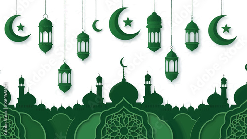 Celebratory lanterns and crescent moons suspended above a mosque silhouette