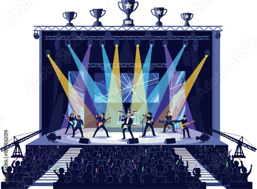 Concert Stage with Band and Crowd, Music Performance with Awards