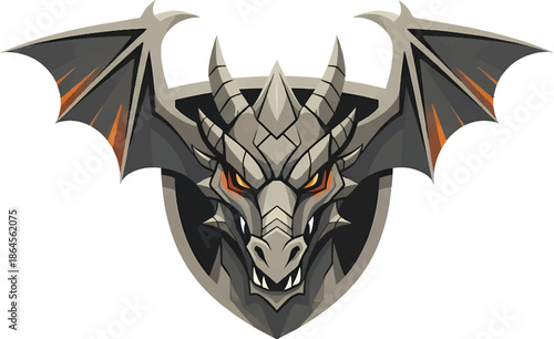 A detailed illustration of a dragon head with wings spread wide, set against a shield emblem, viewed from the front