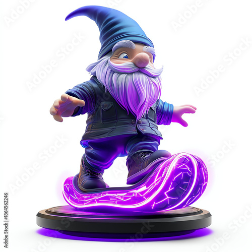 Futuristic tech gnome character rides glowing hoverboard with vibrant purple light in dynamic pose full of energy and charm