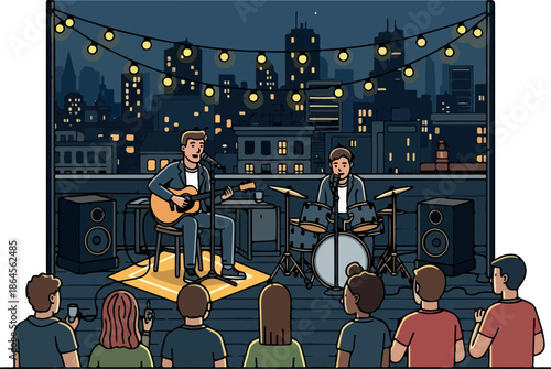Live Music on Rooftop Under String Lights A Night of Entertainment