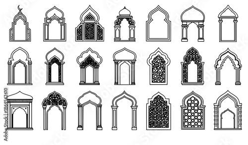 Golden Islamic architecture frame icons vector collection for Ramadan and Eid