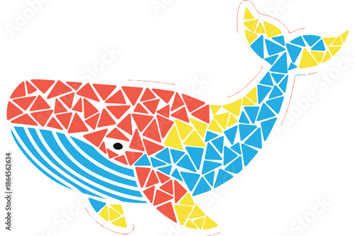 Colorful Geometric Whale Illustration with Mosaic Triangles on Transparent Background