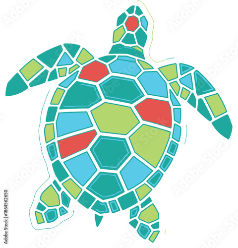 Colorful Geometric Sea Turtle Illustration with a Mosaic Pattern on a Transparent Background