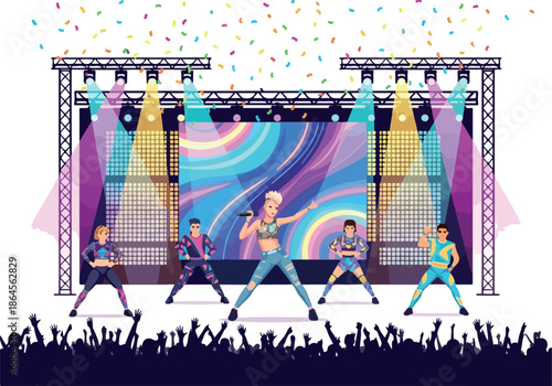 Stage performance with singer and dancers in vibrant colors