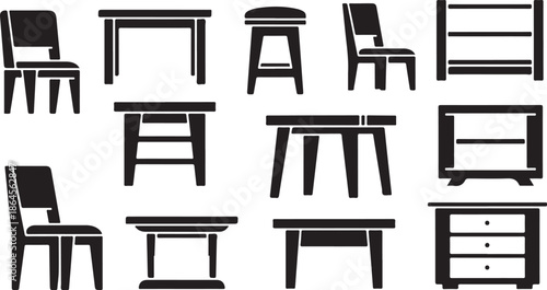 Collection of furniture icons in black and white style