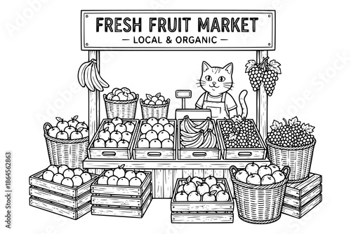 A cute fruit market display showing apples, oranges, bananas, and grapes together. Kids coloring book with simple line art to support creativity, motor skills, and early childhood learning.