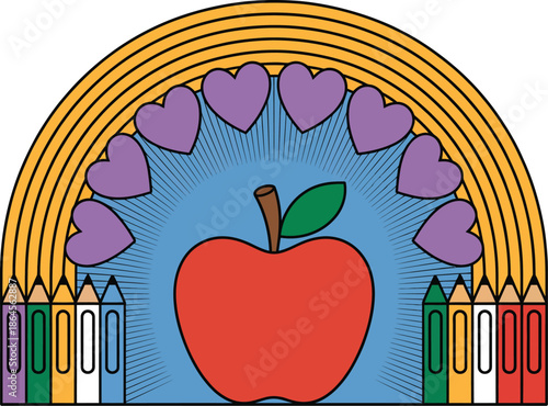 Colorful Apple Surrounded by Hearts and Pencils in a Rainbow Arch