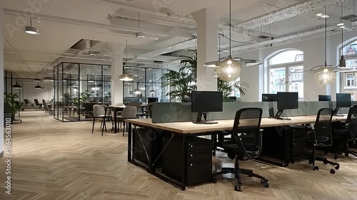Modern open-plan office space with desks, chairs, computers, and glass partitions, ready for work.