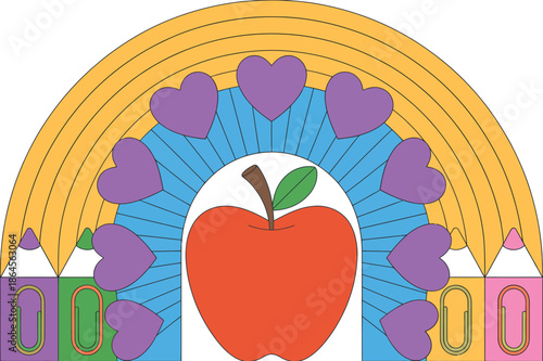 Colorful Apple with Rainbow and Hearts green yellow