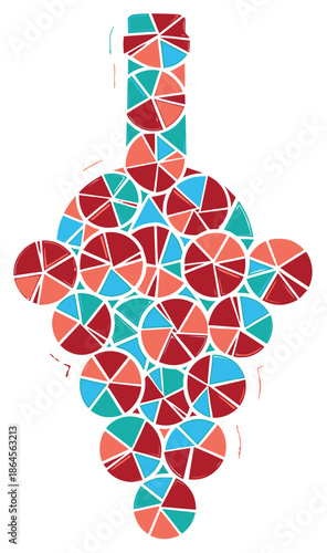 Vibrant Geometric Wine Bottle and Grape Cluster Illustration with Abstract Pie Chart Shapes