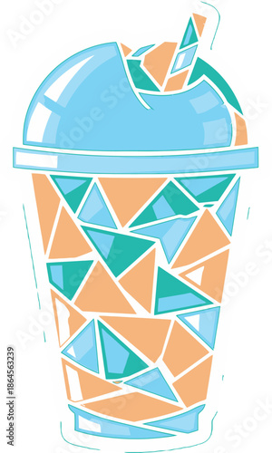 Colorful Mosaic Slushie Drink Illustration with Blue Dome Lid and Straw
