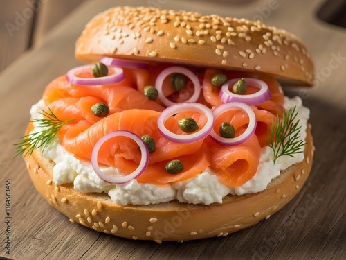 Smoked salmon bagel with cream cheese and capers
