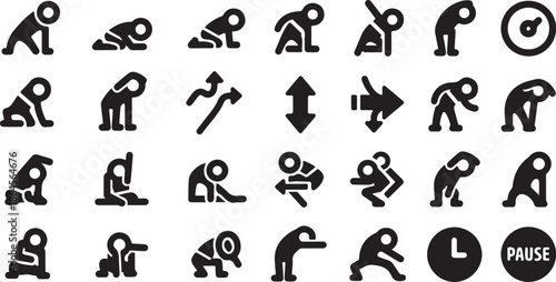 Collection of black and white human action icons set