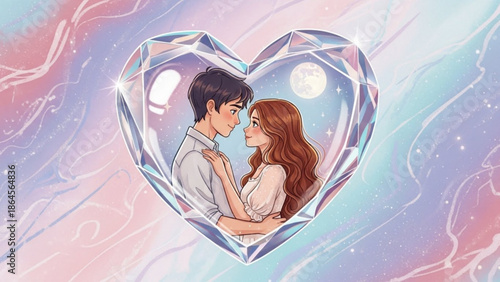 A romantic vector illustration of a couple embracing inside a heart-shaped diamond on a pastel background