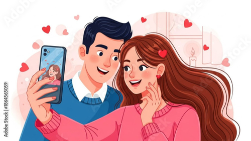 A cartoon illustration of a smiling couple taking a selfie together with hearts around them