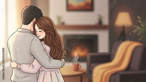 A loving couple embracing in a cozy living room with a warm fireplace