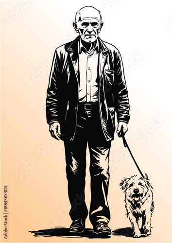 049-11-Senior man full body walking a small pet dog on a leash, black and white sketch style