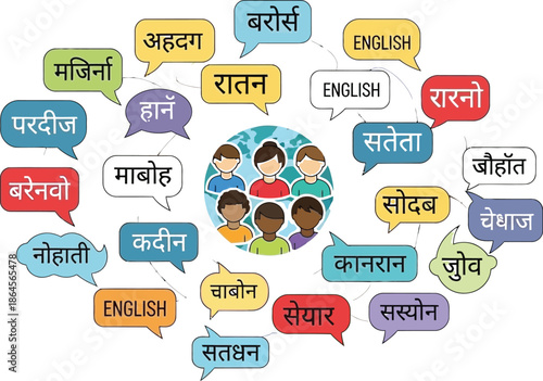 Diverse group of people connected globally by a network of speech bubbles displaying various international languages and communication concepts