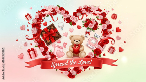 A colorful Valentine's Day themed vector graphic with a teddy bear surrounded by hearts and flowers