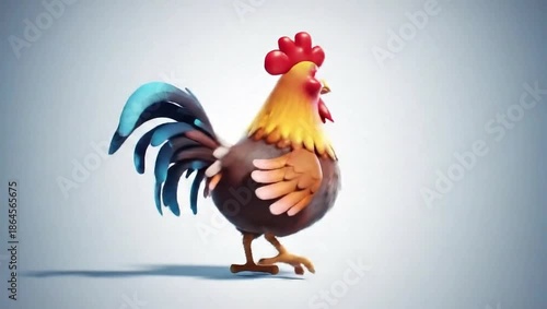 3D rendering of a cartoon rooster with vibrant plumage and bright colors.