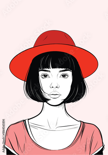 049-18-Young woman face with bob haircut and red hat on a light pink background