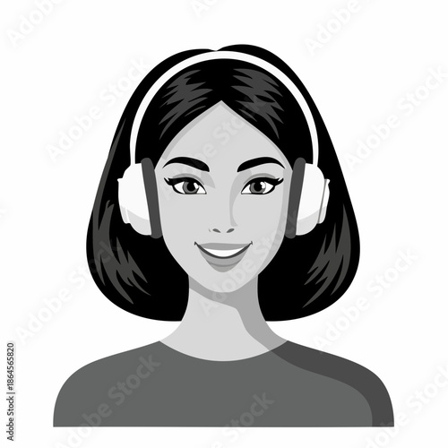 Illustration of a young woman enjoying music with headphones in grayscale design