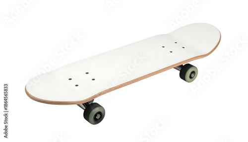 Isometric view of a blank, white skateboard against a solid black backdrop. Wheels and mounting hardware are visible