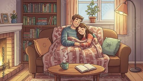 A cozy couple embracing on a couch in a warm living room with a fireplace