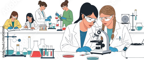 Female scientists collaborating intensely in a brightly lit laboratory environment while conducting various chemical experiments and microscopic observations simultaneously