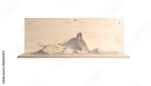 Miniature landscape artwork featuring a central, textured mountain range and undulating dunes. Wooden base and backboard provide the structure