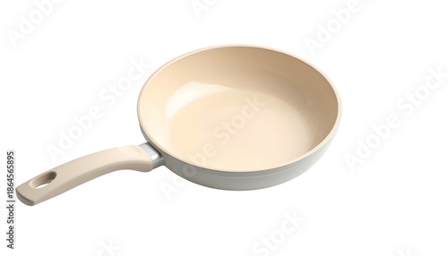 Overhead shot of a non-stick frying pan, showcasing its interior, rim, handle, and a cutout for hanging, set against a dark background