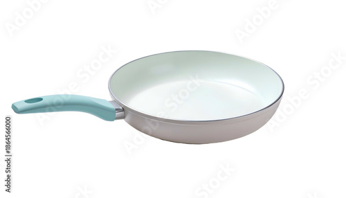 This is a light-colored, non-stick pan, featuring a pale-blue handle and white interior, isolated on a black background