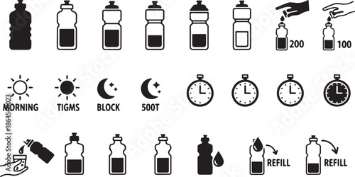 Water Bottle Refill Icons and Time Management Symbols Design