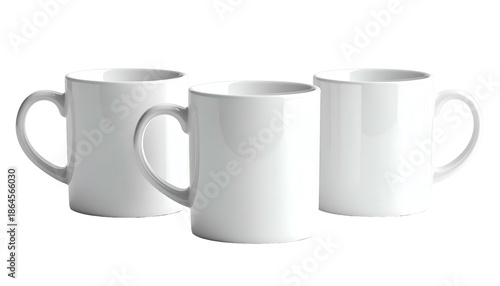 Three clean, white ceramic mugs are displayed against a black backdrop, showcasing their smooth surfaces and rounded handles