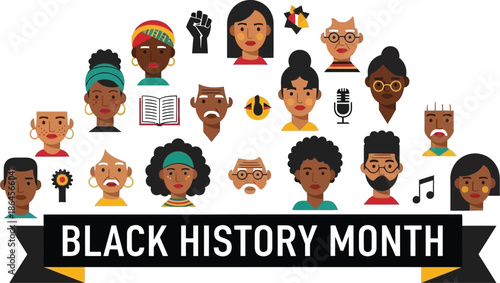 Diverse collection of African American and black illustrated faces representing the community celebrating Black History Month with icons of culture and knowledge