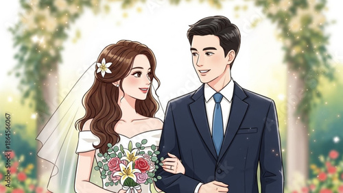 A cartoon illustration of a happy couple in wedding attire standing together in a garden