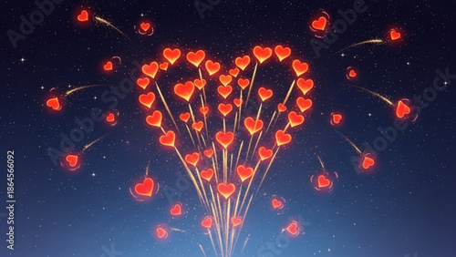 A vector graphic illustration of red heart-shaped balloons floating in the night sky.