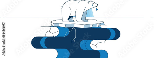 Solitary polar bear stands sadly upon a small melting iceberg, crying a single visible tear above dark blue arctic waters representing environmental distress.