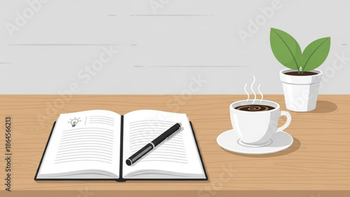 A minimalist vector illustration of a desk with a notebook, pen, coffee cup, and potted plant