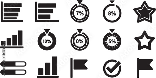 Collection of black business and statistics icons on white