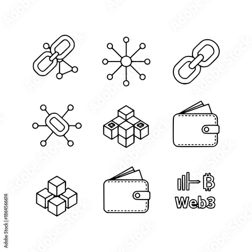 Blockchain and Web3 ecosystem outline vector icon set
