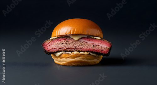 Juicy Smoked Beef Brisket Sandwich with BBQ Sauce on Dark Blue Background