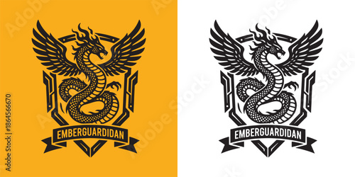 Winged Serpent Dragon Shield Logo Design for Gaming Team