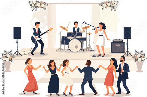 A lively wedding celebration with a band playing for dancing guests in a joyous atmosphere