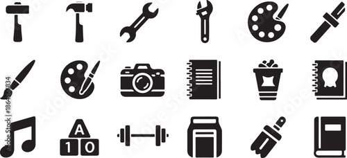 Collection of various black and white icons and symbols