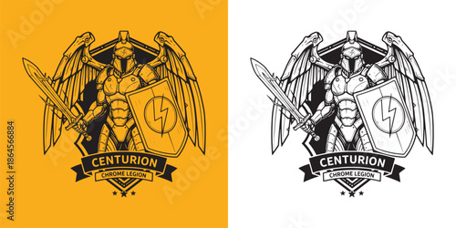 Robotic Centurion Soldier Mascot Logo with Sword and Shield